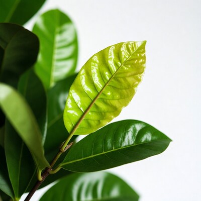 Shiny green leaf on white background