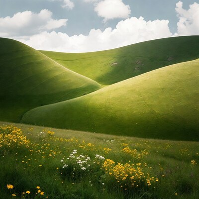 Rolling Green Hills with Wildflowers