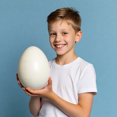 Boy holding large white egg