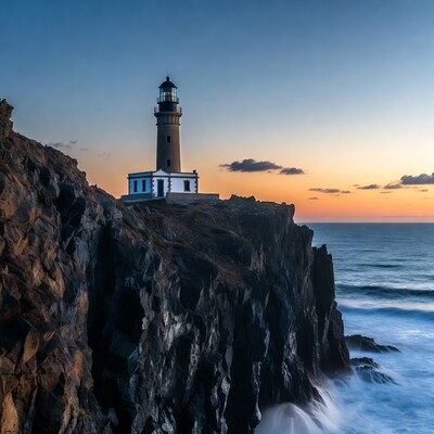 Lighthouse on rocky cliff at sunset