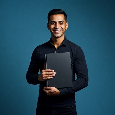 Smiling man holding black book