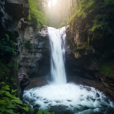 Waterfall cascading in lush forest gorge