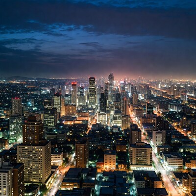 Aerial Night View of City Skyline