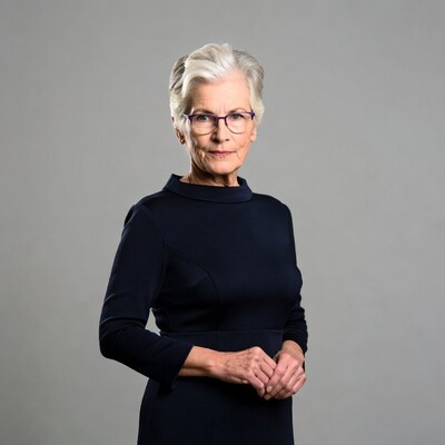 Elderly woman in navy dress with glasses