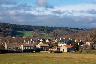 French village stone houses in valley
