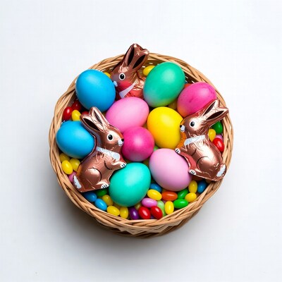 Colorful Easter eggs and bunnies in basket