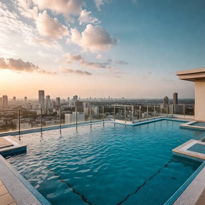 Rooftop infinity pool at sunset cityscape