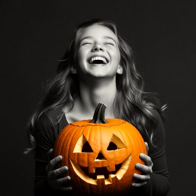 Girl laughing with jack o lantern pumpkin