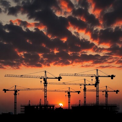Construction Cranes Silhouette at Sunset