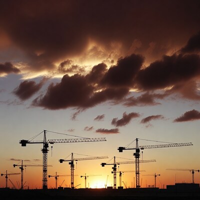 Construction Cranes Silhouette at Sunset