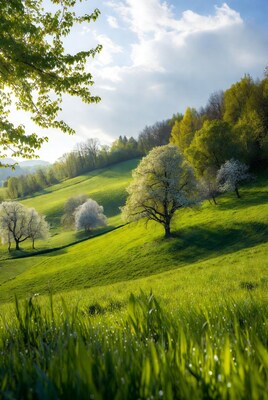 Spring cherry blossoms in green valley