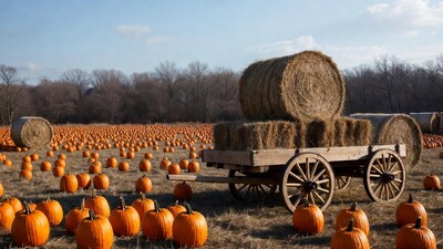 Hay Wagon in Pumpkin Patch Field