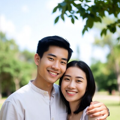 Asian couple smiling in park