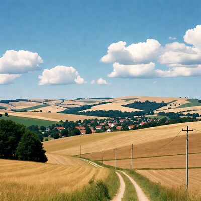 Rolling farmland hills with village