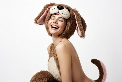 Nude woman in dog costume laughing