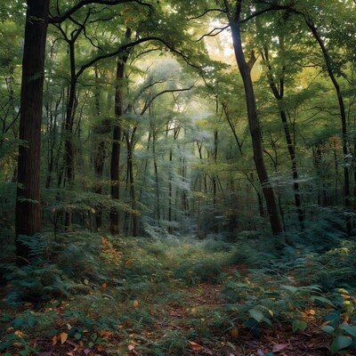 Forest path with green trees and sunlight