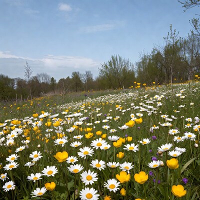 Yellow and White Flowers on Grassy Hill