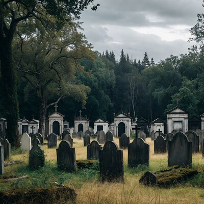 Old cemetery with tombstones and trees