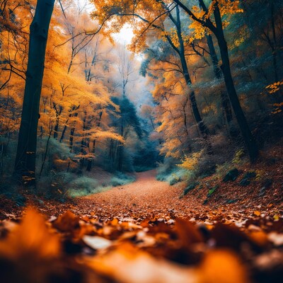 Autumn Forest Path with Orange Leaves
