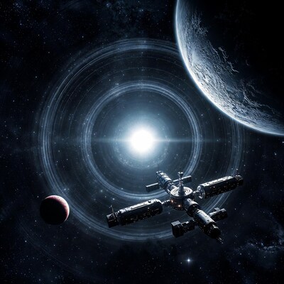 Space station near wormhole and planets
