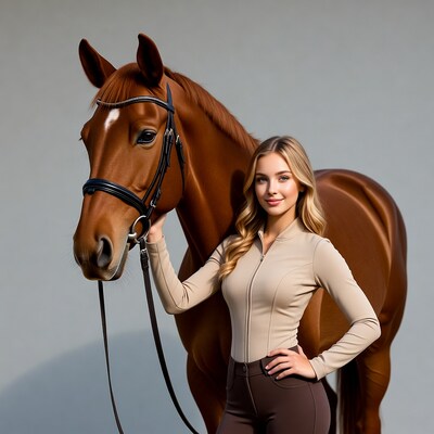 Blonde woman holding brown horse
