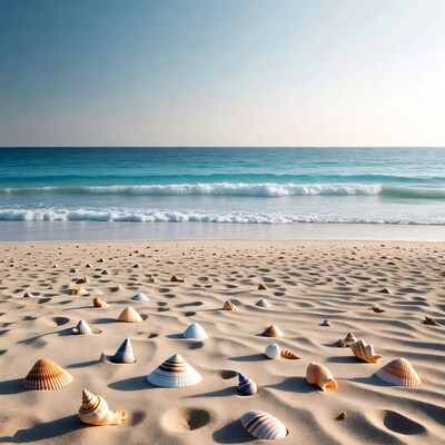 Seashells on beach with ocean waves