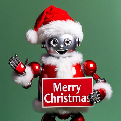 Robot Santa holding Merry Christmas sign