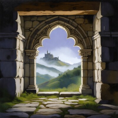 Gothic Archway Framing Misty Castle
