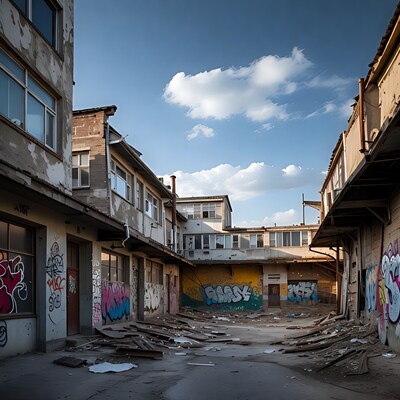 Abandoned Graffiti-Covered Courtyard