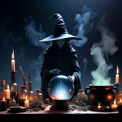Witch gazing into glowing crystal ball