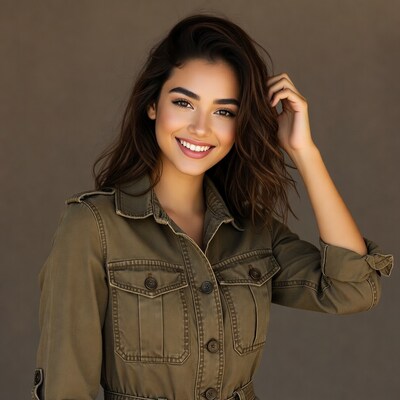 Smiling woman in green jacket touching hair