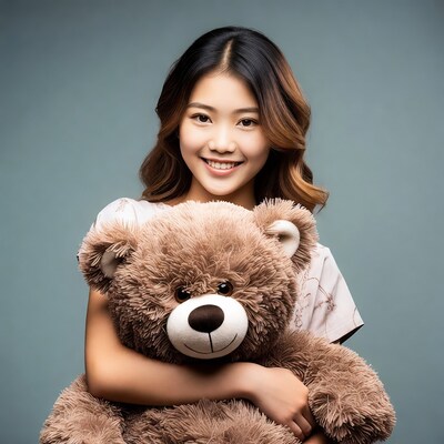 Asian woman hugging teddy bear
