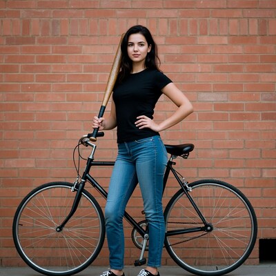 Woman with baseball bat and bicycle