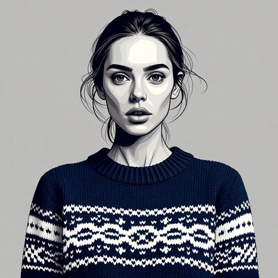 Woman in navy Nordic sweater illustration