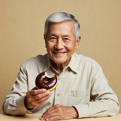 Elderly Asian man holding bitten donut