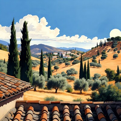 Tuscan Landscape with Cypress Trees