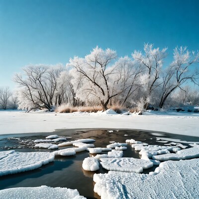 Frosty Trees by Frozen River Ice