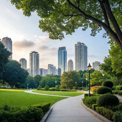 Urban park path with skyscrapers