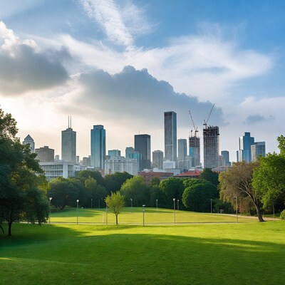 City skyline over green park