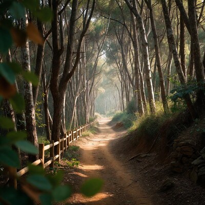 Sunlit Path Through Pine Forest