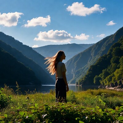 Woman with flowing hair in mountain valley