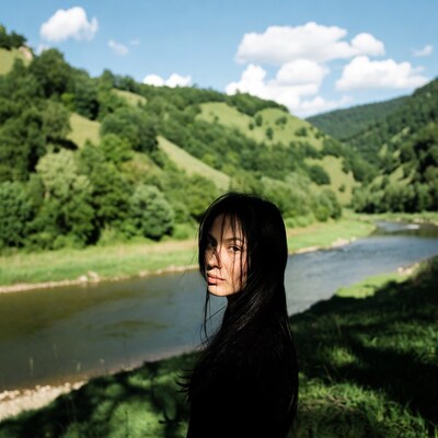 Woman with long black hair by riverside
