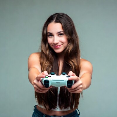 Young woman holding game controller