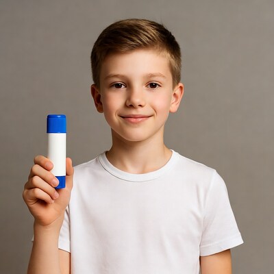 Boy holding blue glue stick