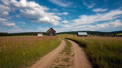 Dirt road through grass to wooden barns