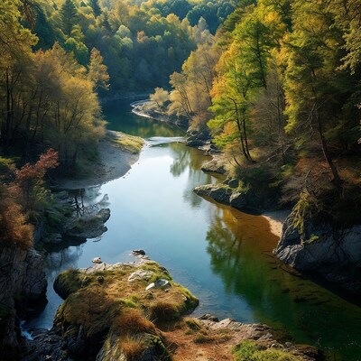 Autumn River in Forest Valley
