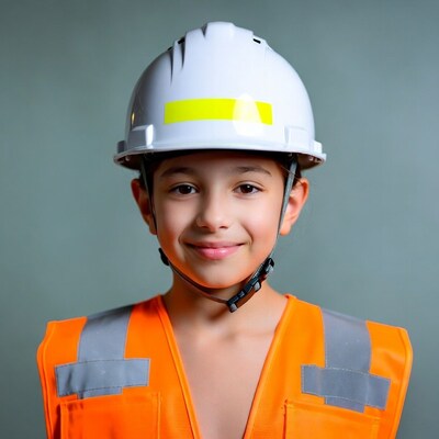 Boy wearing hard hat and vest