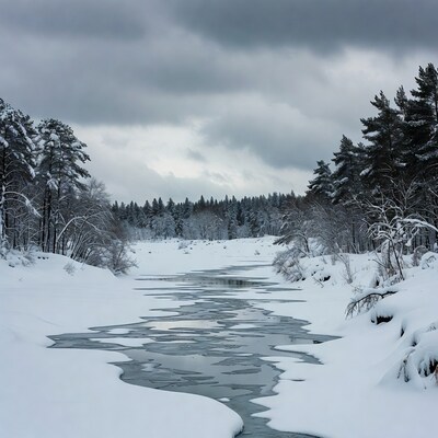 Frozen river in snowy pine forest