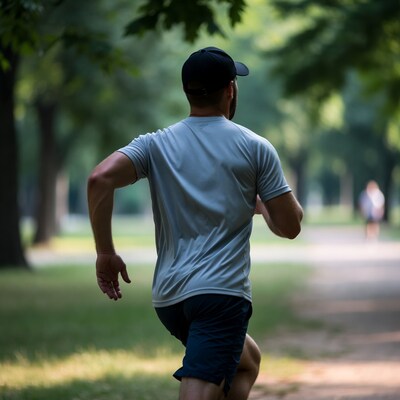 Man jogging in park from behind