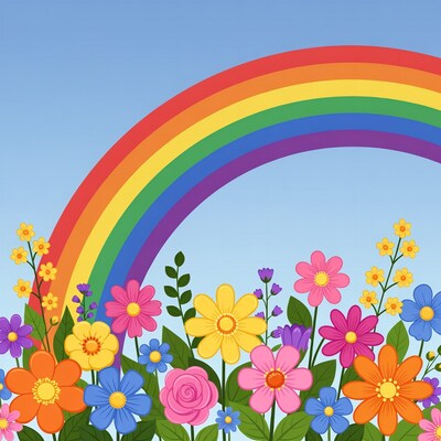 Rainbow over colorful flowers illustration